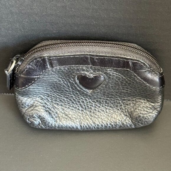 Brighton Black Leather Coin Purse, Zip Closure. Heart Embroidered on the front - Picture 1 of 12